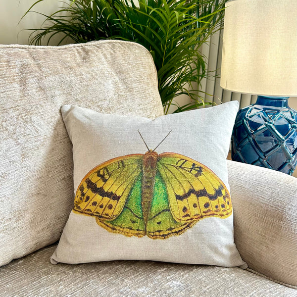 Linen Tropical Butterfly Print Cushion