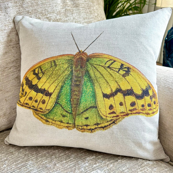 Linen Tropical Butterfly Print Cushion