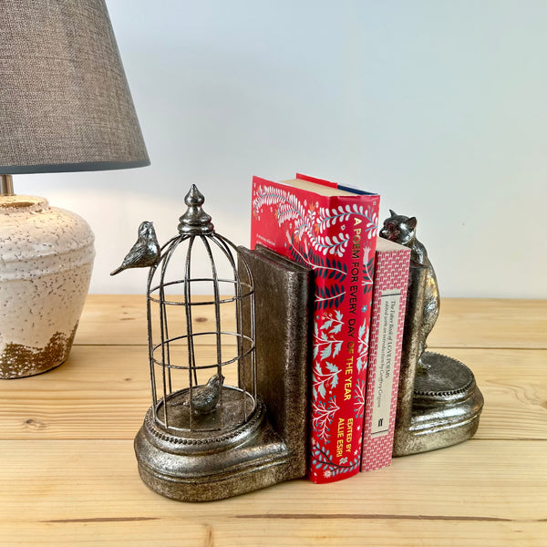 Cat and Birdcage Bookends