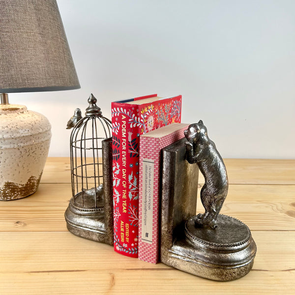 Cat and Birdcage Bookends
