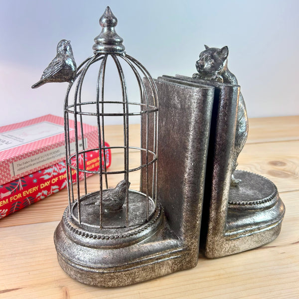 Cat and Birdcage Bookends