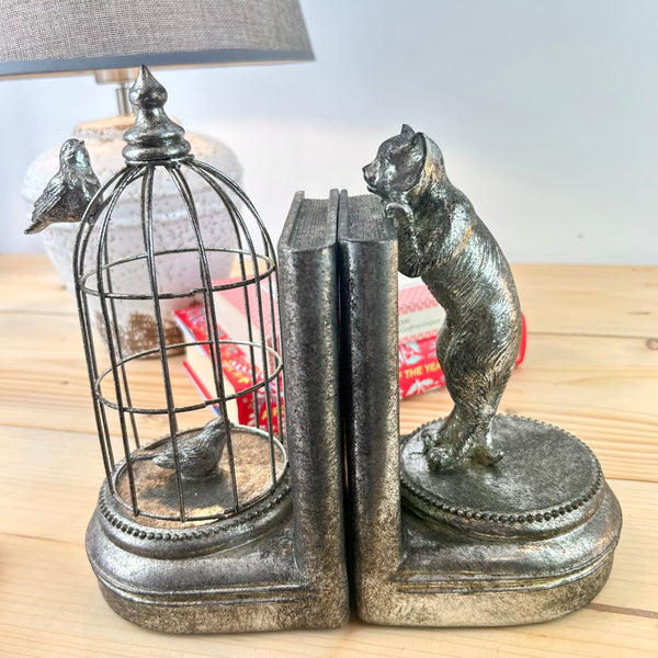 Cat and Birdcage Bookends