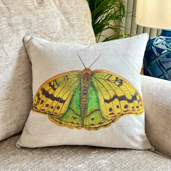 Linen Cabbage White Butterfly Print Cushion