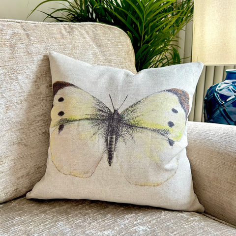 Linen Cabbage White Butterfly Print Cushion