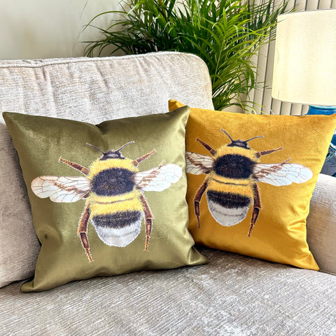 Velvet Bumblebee Cushion Olive Green