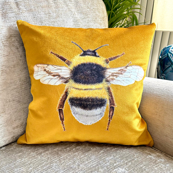 Velvet Bumblebee Cushion Olive Green