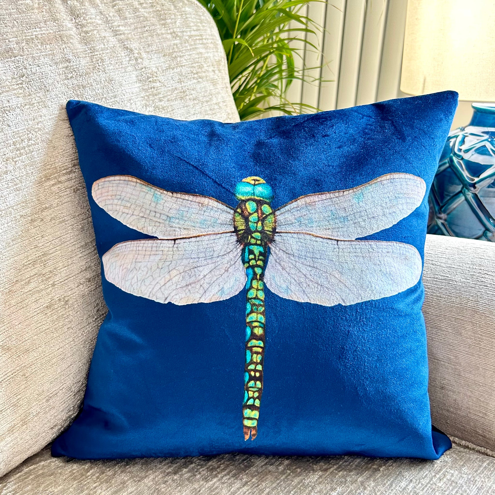 Velvet Dragonfly Cushion Navy Blue