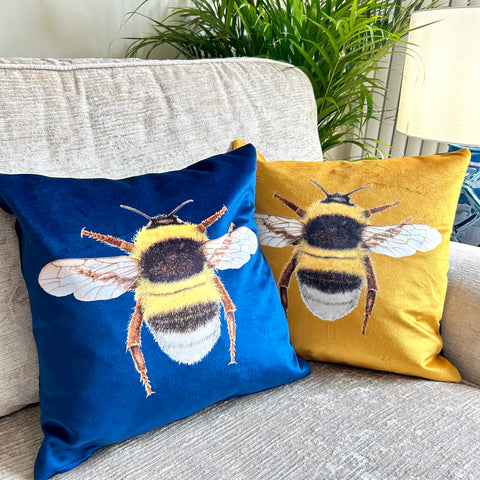 Velvet Bumblebee Cushion Navy Blue