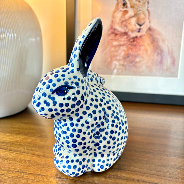 White & Navy Spotted Ceramic Rabbit