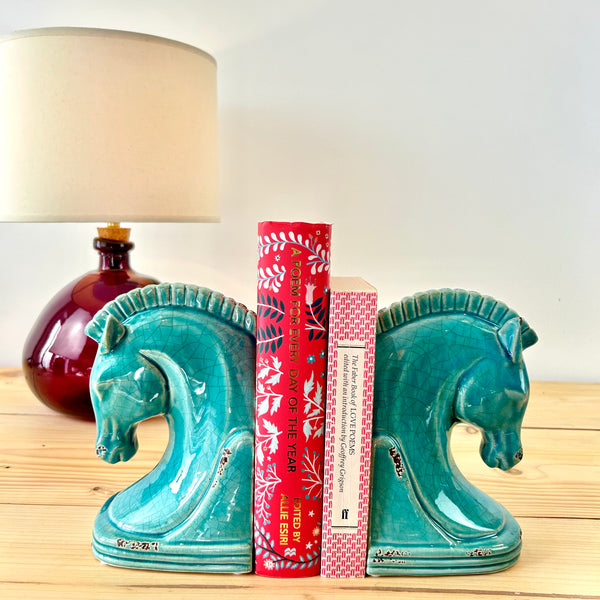 Blue Ceramic Horse Head Bookends