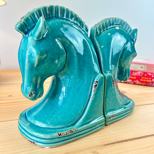 Blue Ceramic Horse Head Bookends