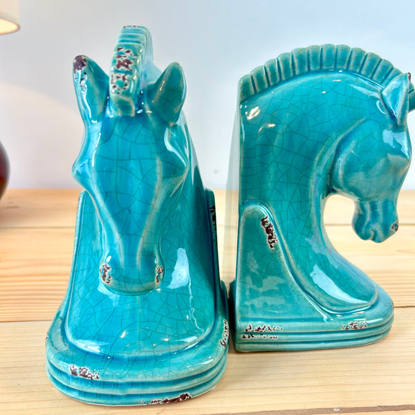 Blue Ceramic Horse Head Bookends