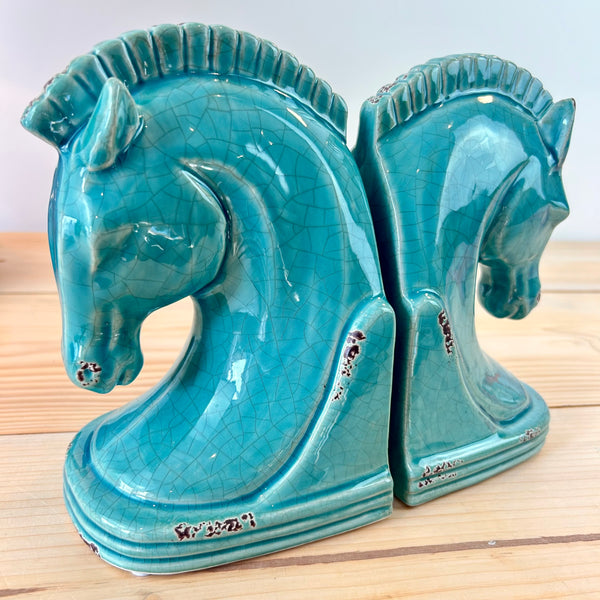 Blue Ceramic Horse Head Bookends