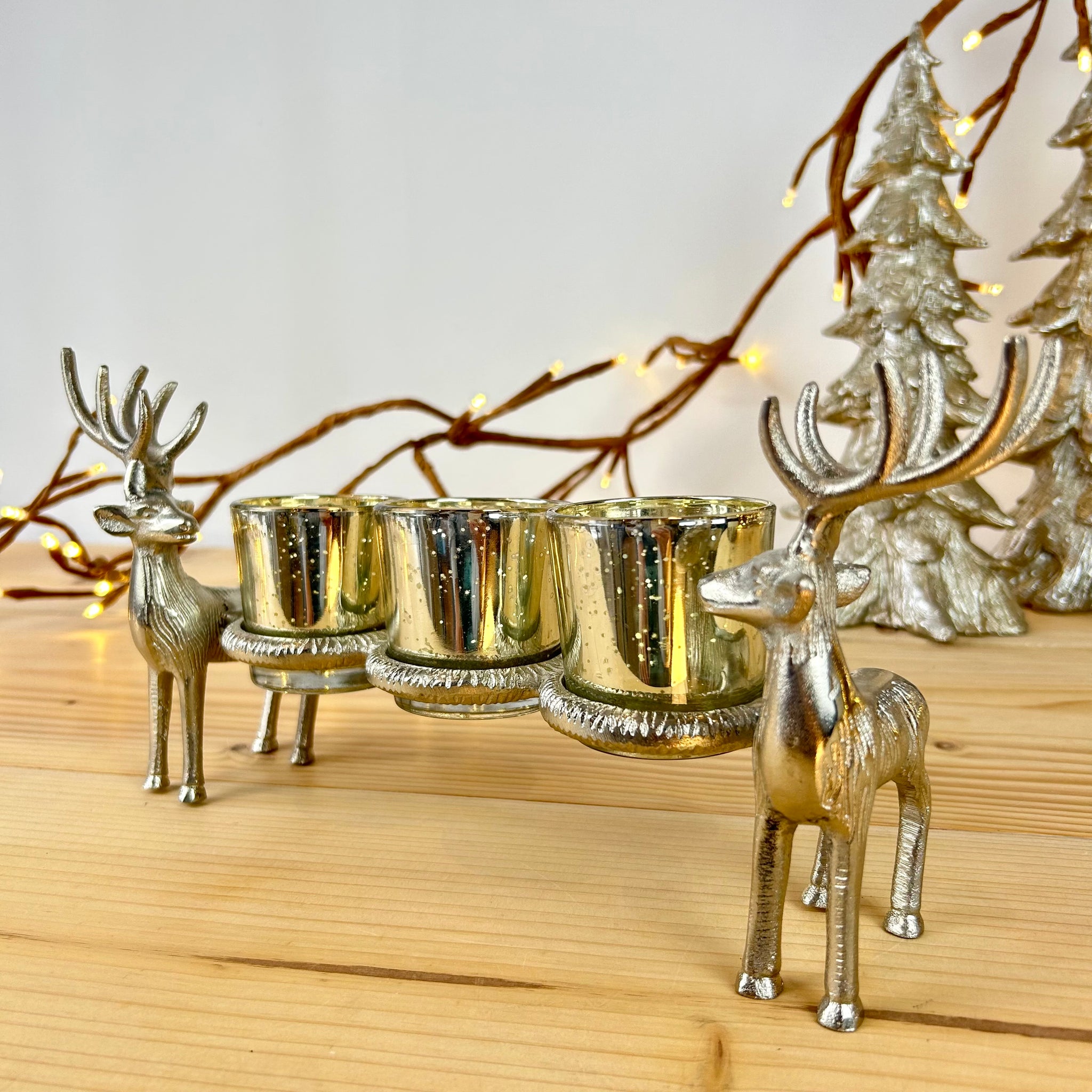 Silver Reindeer Triple Candle Holder