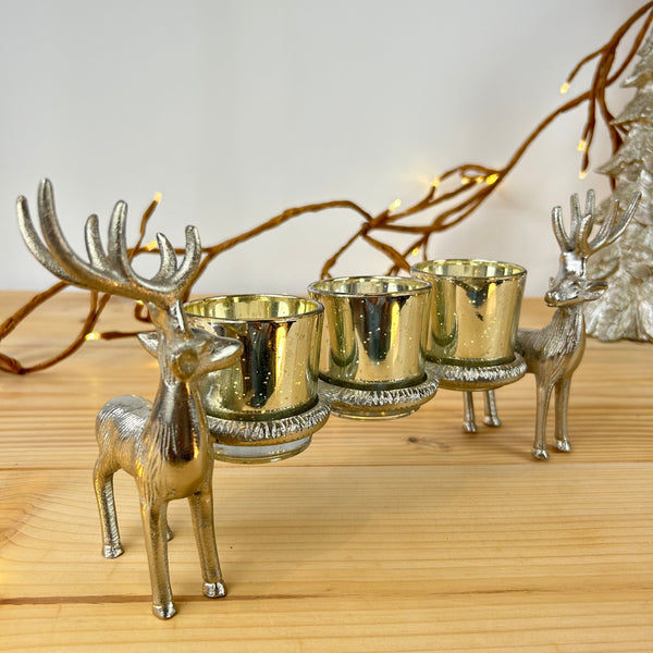 Silver Reindeer Triple Candle Holder