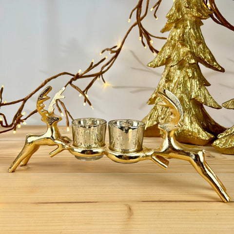 Gold Reindeer Double Candle Holder