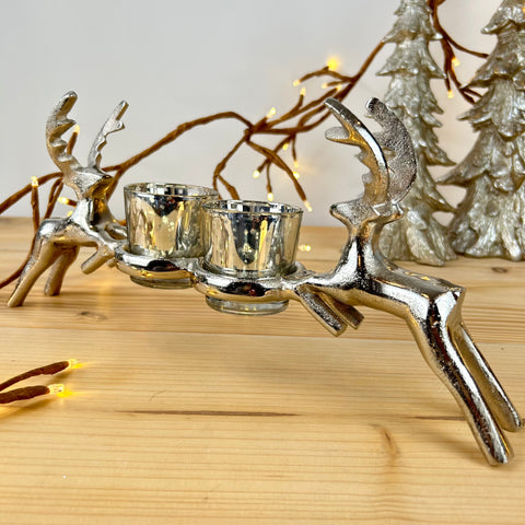 Silver Reindeer Double Candle Holder