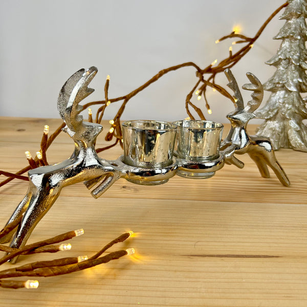 Silver Reindeer Double Candle Holder